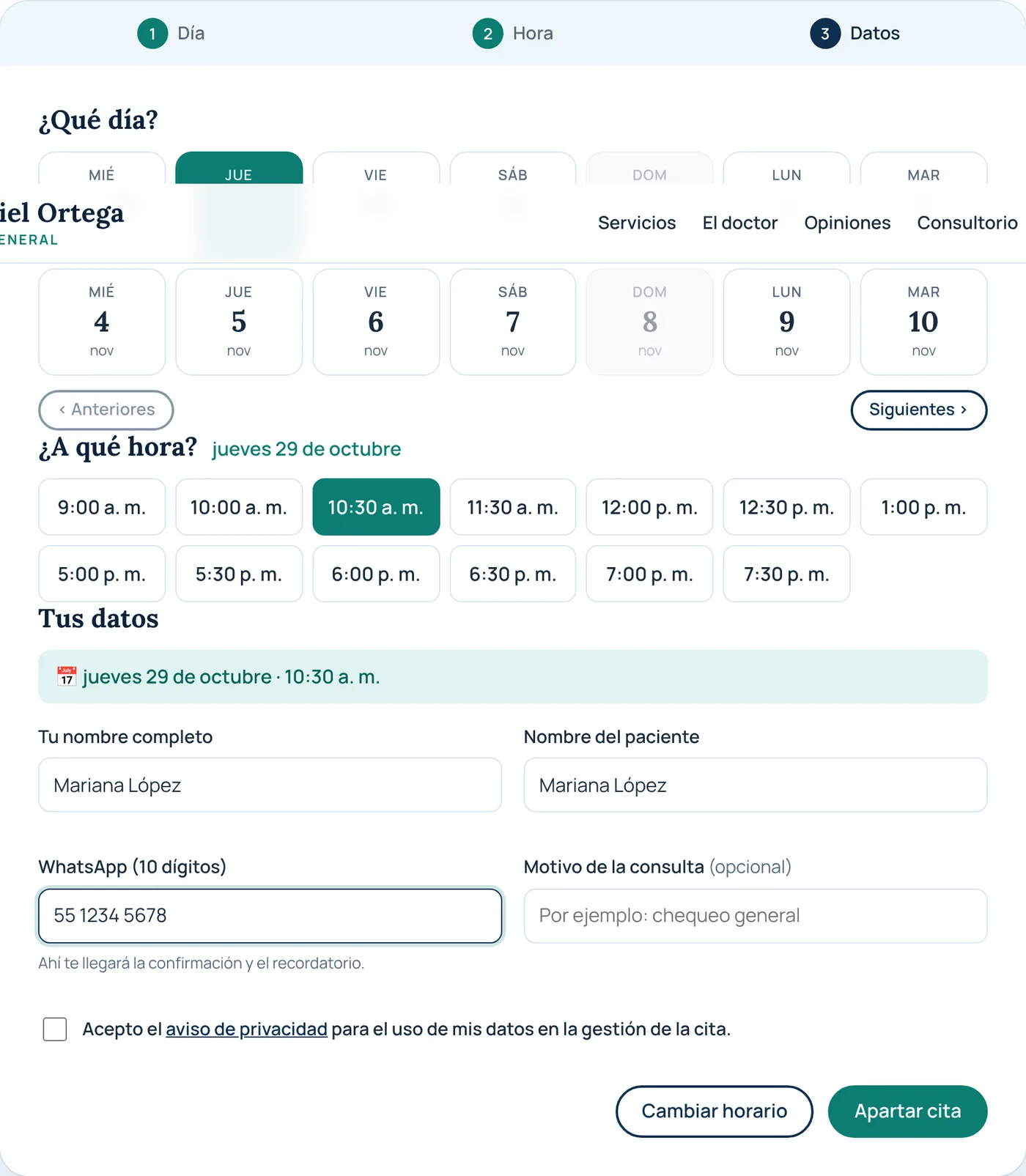 Pantalla donde el paciente elige día y hora