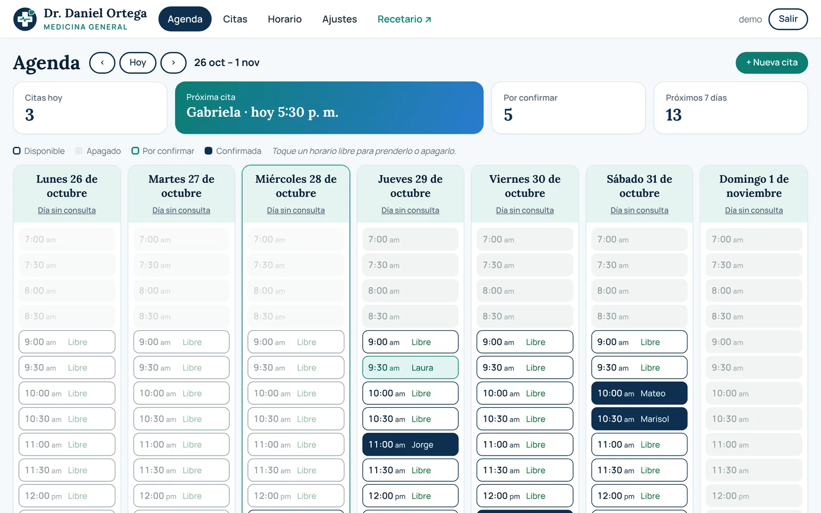 Panel de la agenda: semana con horarios libres, apagados y citas